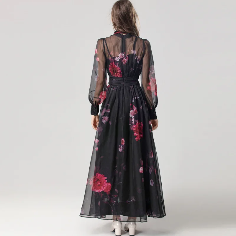 Платье с шарфом и воротником длинным рукавом высокой талией трехмерное