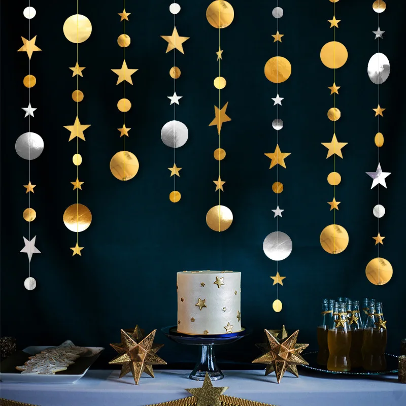 

EID 2M/4M Bright Gold And Silver Paper Garland Moon Star String Banner Birthday Wedding Decoration Hanging Baby Shower Ramadan