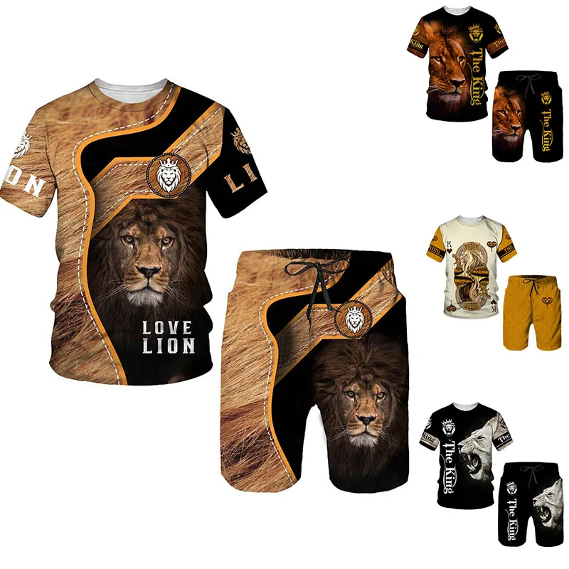 

Men's Tracksuit Outfit 2 Pieces Sets Fashion 3D Lion King Tshirt Shorts Sports Suit Male Oversied Sportwear Jogger Clothing Sets