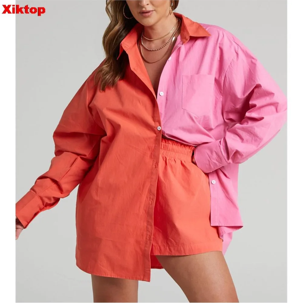 

Хлопковый комплект из 2 предметов Xiktop, Повседневная Уличная одежда, рубашка с длинным рукавом, мини-шорты, костюмы контрастных цветов, модны...