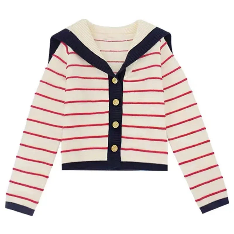 Американский милый женский полосатый матросский короткий жакет с воротником и