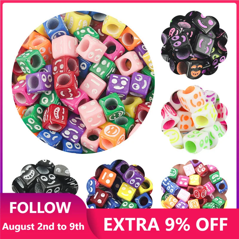 

50pcs/Lot 6x6mm Square Acrylic Smiley Beads Smiling Face Loose Spacer Beads For Making Jewelry DIY Children Bracelet Accessories