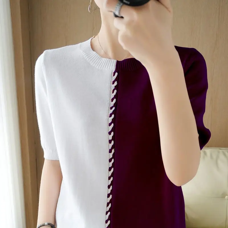 

Stylish Loose Knitted Spliced Asymmetrical T-Shirt Women's Clothing 2023 Spring New Casual Tops Short Sleeve Korean Tee Shirt