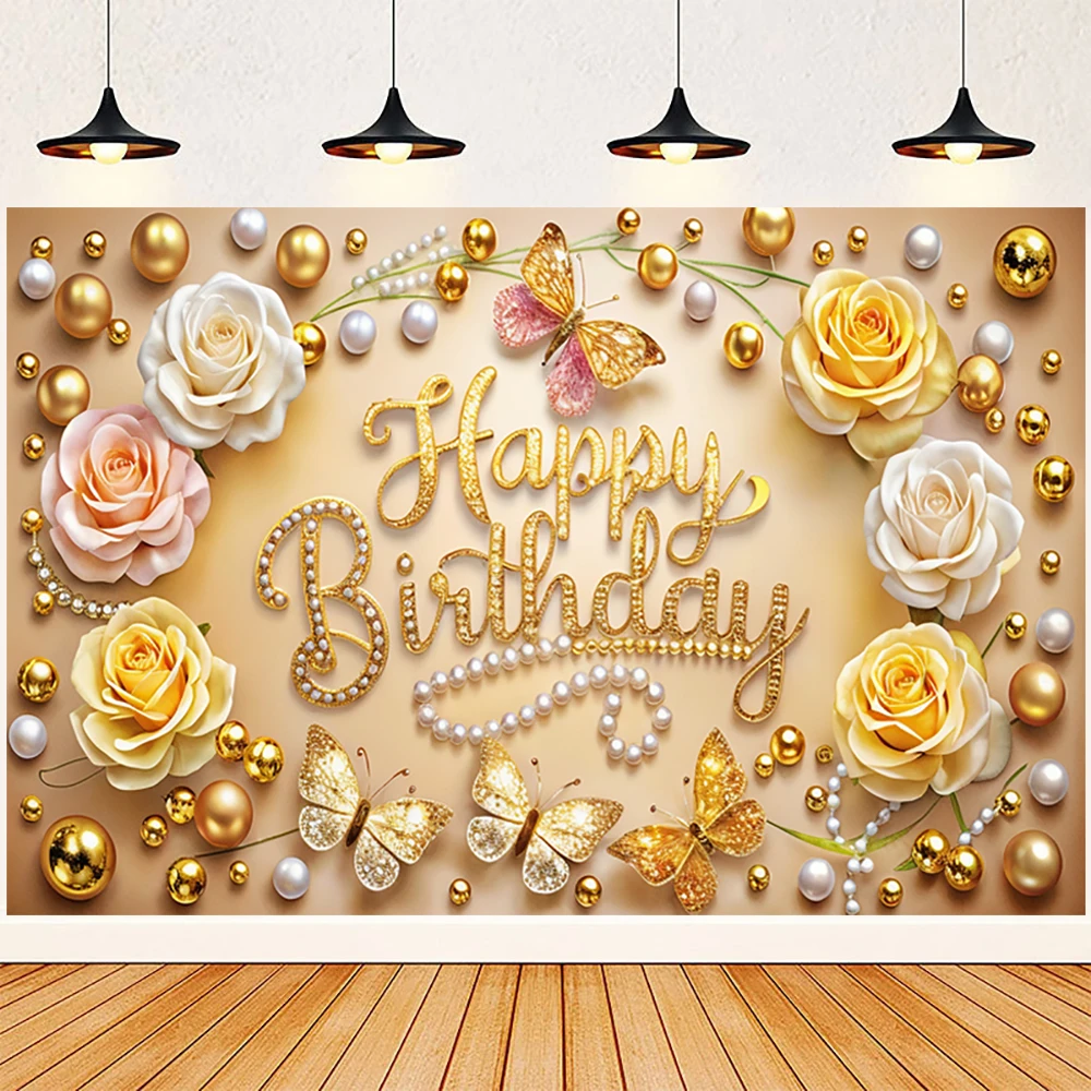 Баннер с днем рождения бабочка роза золотая тема украшение для дня фон флаги