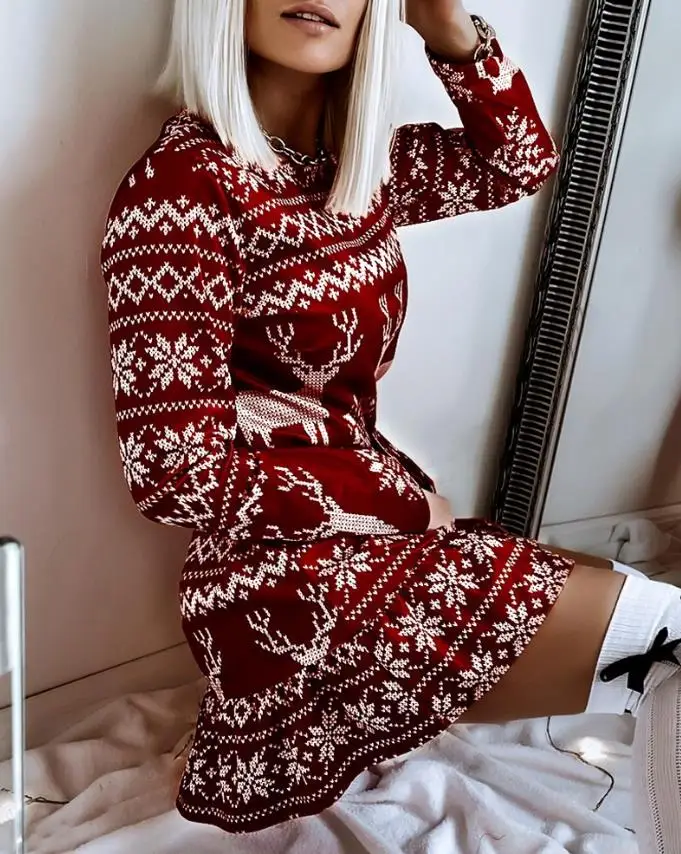 

Women's Christmas Casual Daily Graphic Print Long Sleeve O-neck Straight Mini Dress Autumn 2022