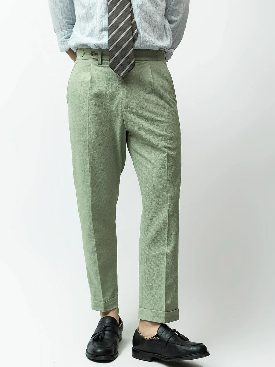 

Classic Men's Spring Summer Men's Seersucker Casual Pants Paris Buckle Adjustable Single Pleated Slim Fit Cropped Stretch Fabric