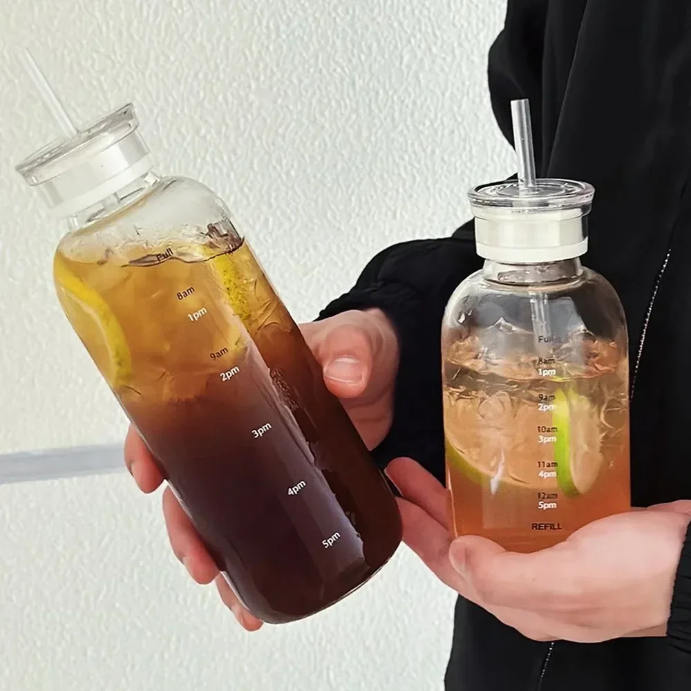 

Scale Leakproof Water Milk Coffee With Bottle Glass And For Time Drinking Cup Juice With Straw Cup Lid Transparent Glass Travel