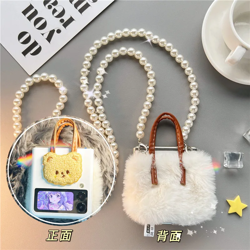 Case for Samsung ZFlip3 White Shell Mini Plush Pouch Bear Embroidery Pearl Crossbody Cover for Galaxy ZFLIP3 5G Cute Etui