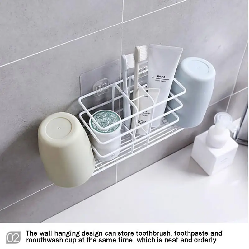 

Free 2 Hooks Iron Toothbrush Holder Mouthwash Cup Can Be Inverted No-drill Shelves Bathroom Accessories Wall Mount Shelf Iron