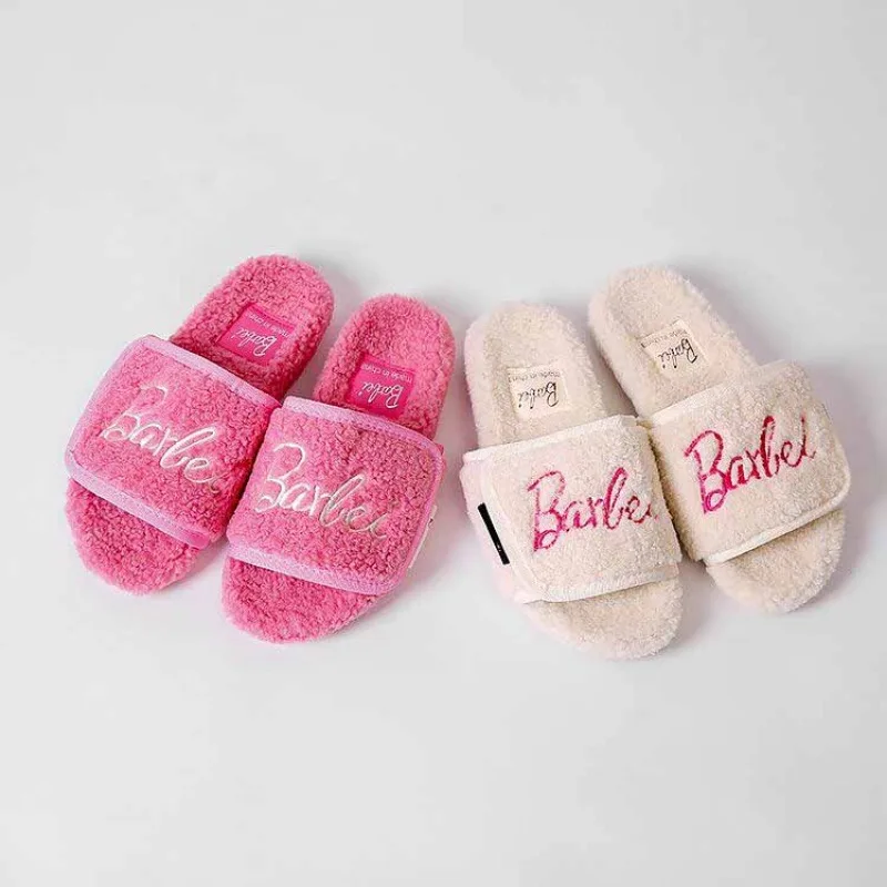 

Barbie Embroidered Letters Fur Slippers Outer Wear Autumn and Winter New Thick-soled Lamb Wool Flip-flops Pink Fur Slippers