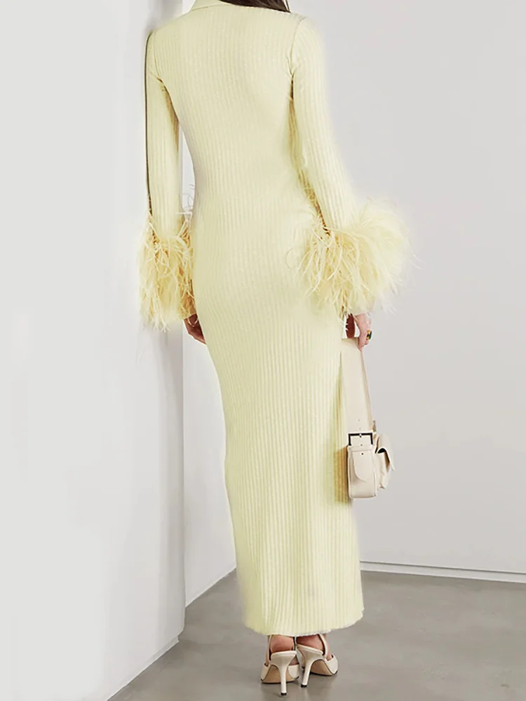 DEAT Элегантное платье с рукавами лацканами и перьями однобортные женские платья