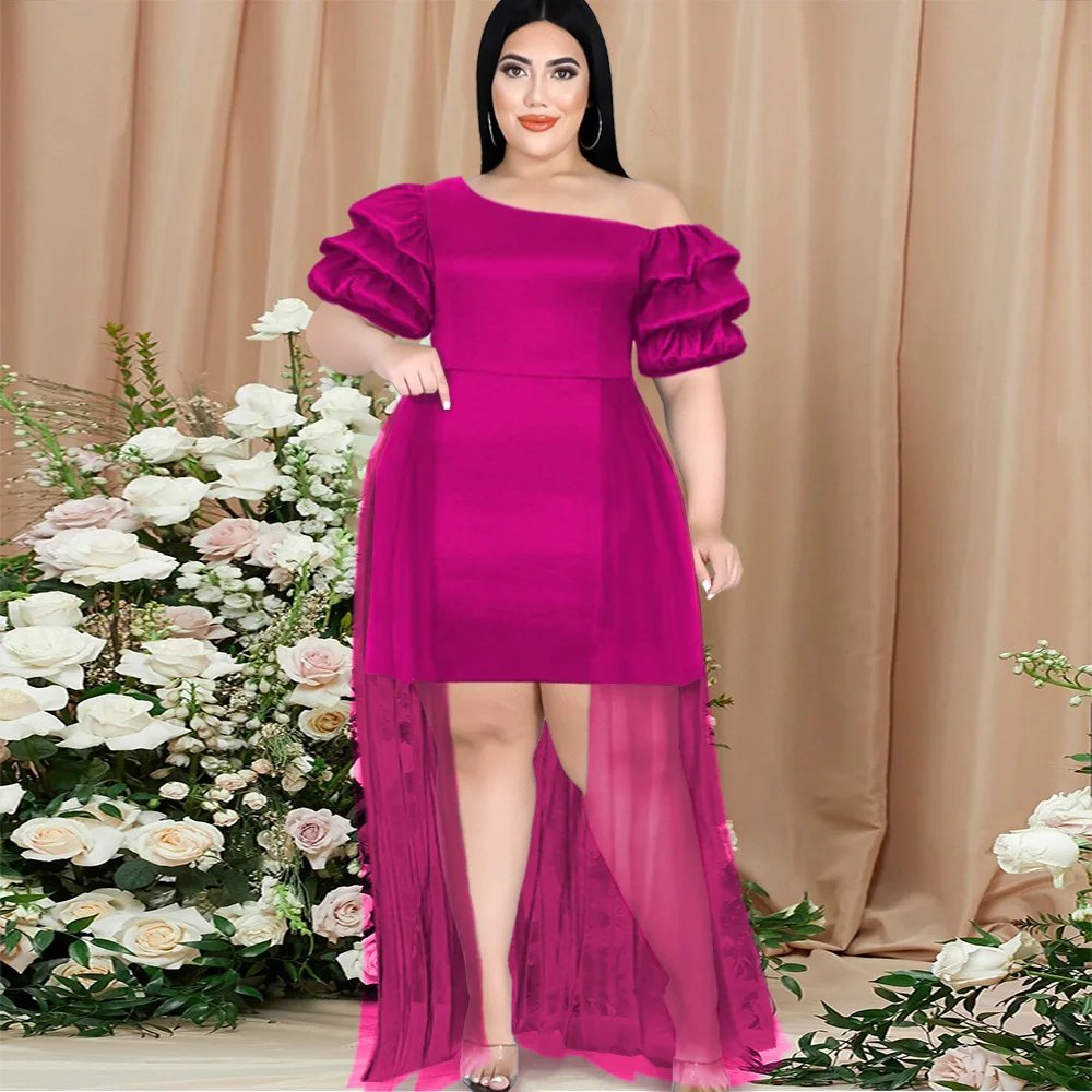 

Sexy One Shoulder Short Lantern Sleeve Patchwork Mesh Train Pleated Dress Party Dresses Women Evening Elegant Slim Pencil Dress