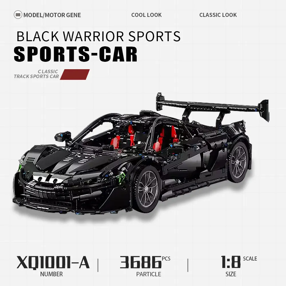

Technical Upgraded Version 1:8 Black Warrior Sports Car XQ1001-A Moc High Tech Modular Building Blocks Bricks Model Toy 3686+pcs