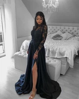 vestidos de noche sexy black split long sleeve lace evening dresses appliqu%c3%a9d formal a line satin prom gown robe de soir%c3%a9e femme