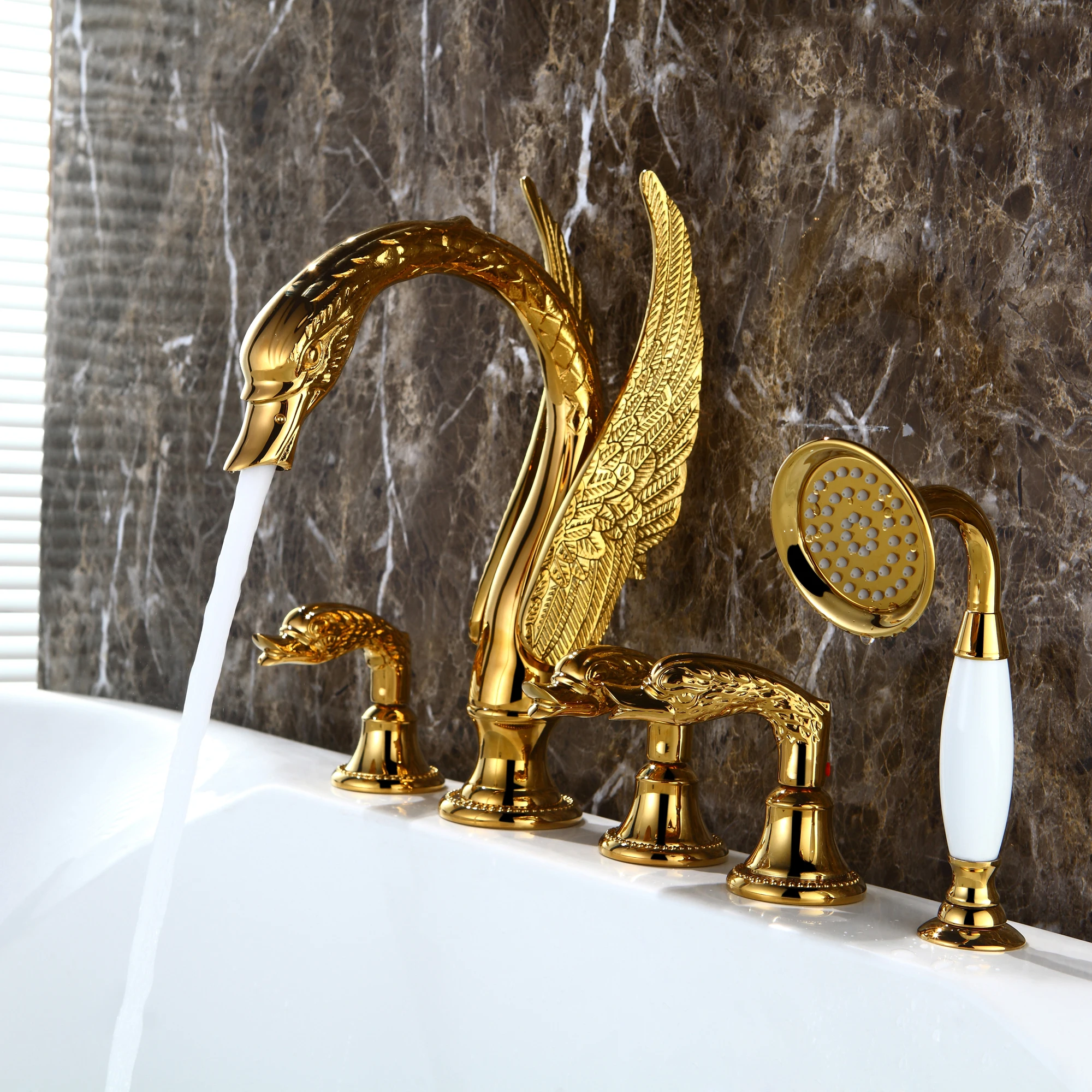 

Seiko light luxury golden Chinese style retro all copper hot and cold water five-piece bathtub faucet