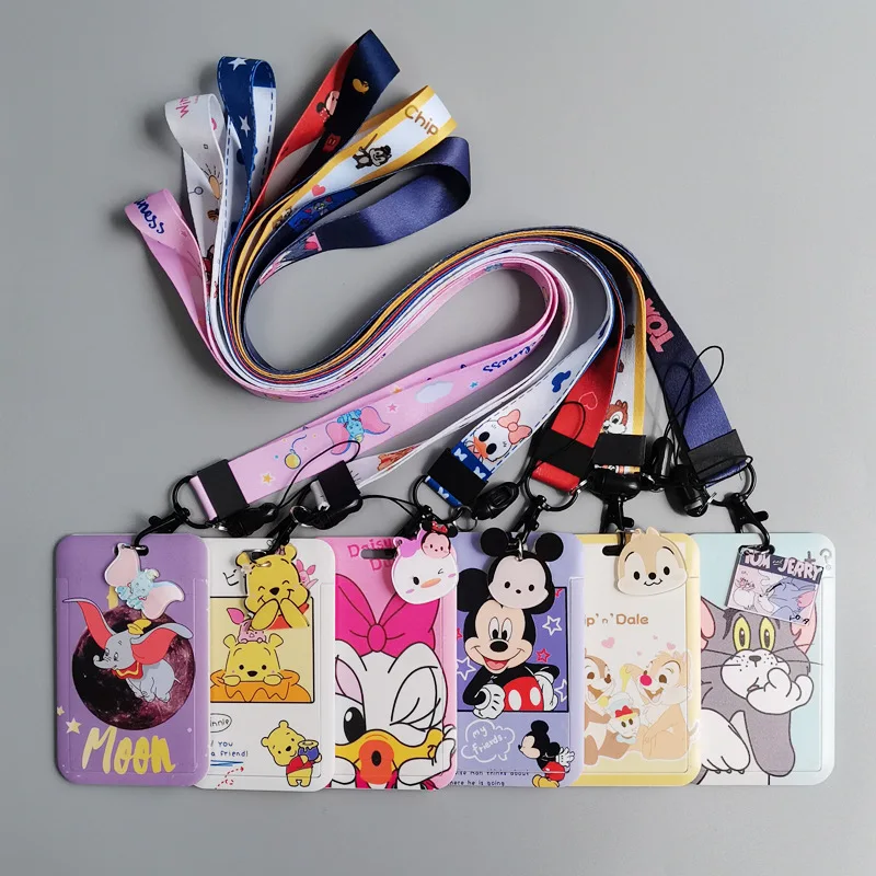 

New Disney Anime Id Card Cover Cute Mickey Mouse Kids Key Lanyard Keychain Office ID Card ABS Anti-lost Card Holder for Gifts