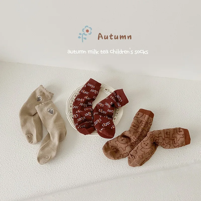 

2022 Autumn New 3 Pairs/lot Girl Baby Cute Cartoon Animal Socks Boy Toddler Retro Plaid Fashion Socks Kid Flower Print Mid Socks