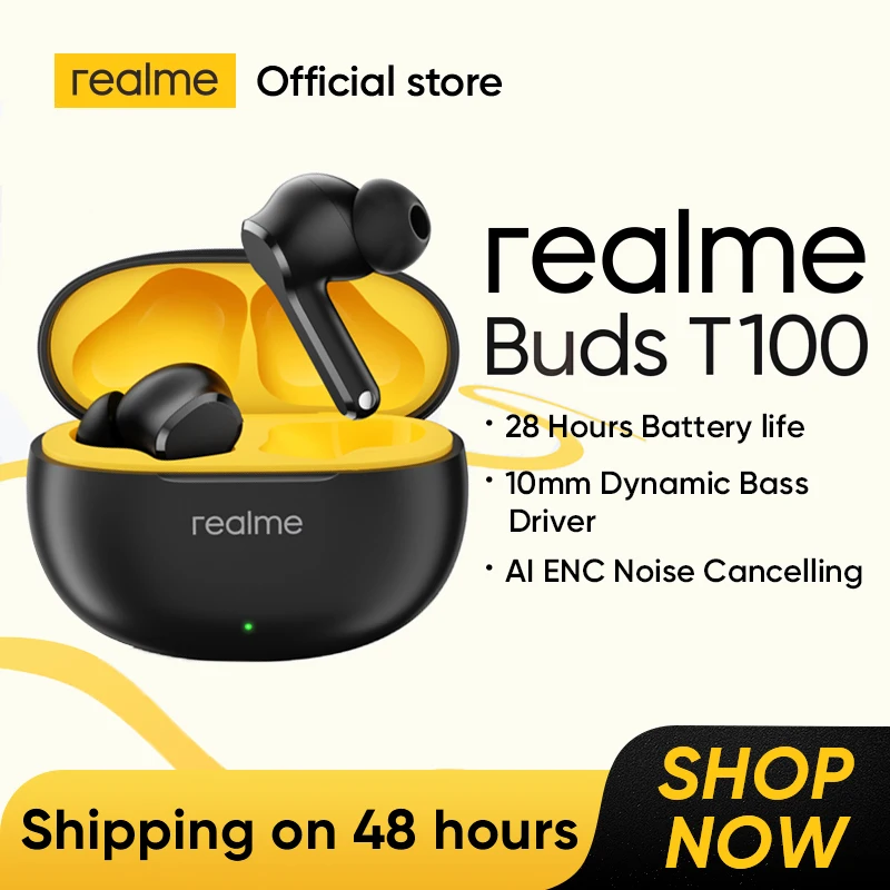 

realme Buds T100 Bluetooth 5.3 AI ENC Ture Wireless Headphones 28 Hour Long Battery Life TWS IPX5 Waterproof Sport Headset