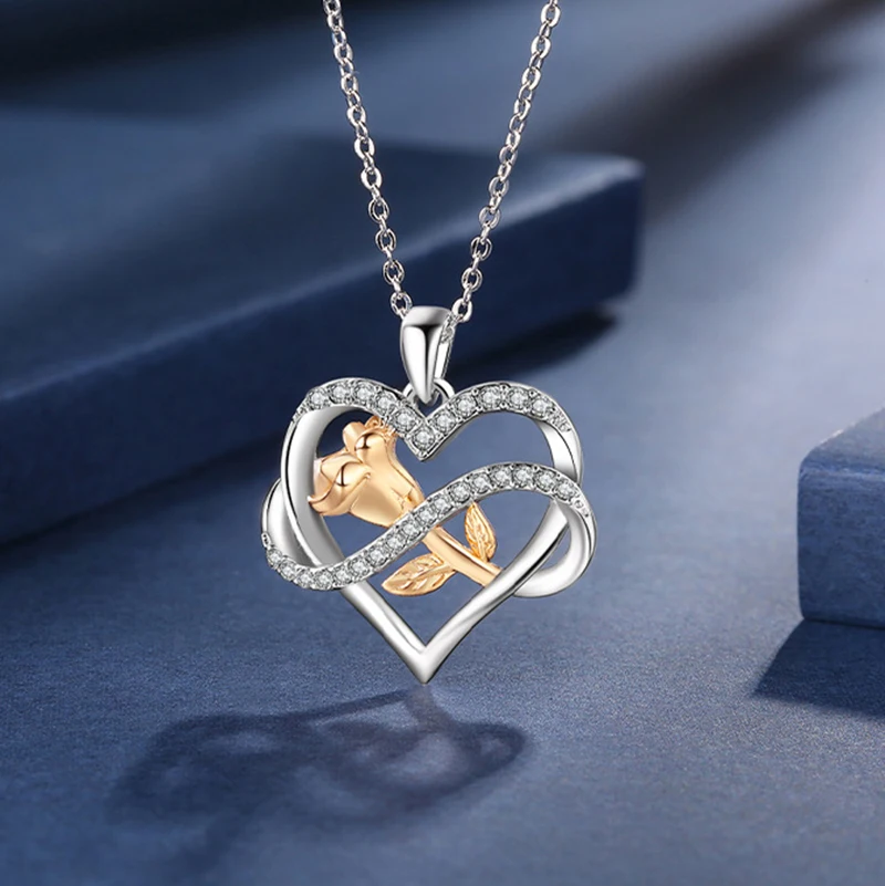 

Романтическое ожерелье с подвеской в форме сердца с цветком розы для женщин и девушек, Женские Подвески с кристаллами, ожерелья, подарок на ...