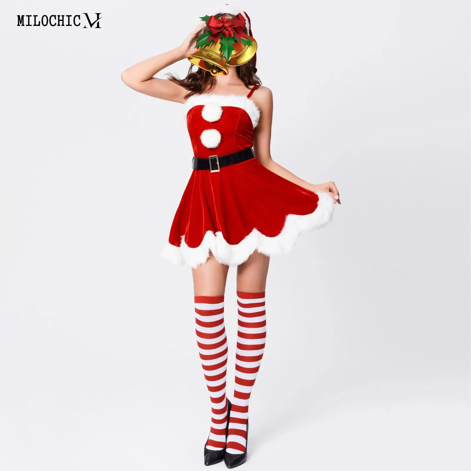 

Solid Color Ladies Red Retro Santa Clothing Women Warm Santa Claus Outfit with Belt Hat with Fluffy Pompoms Daily Outfit