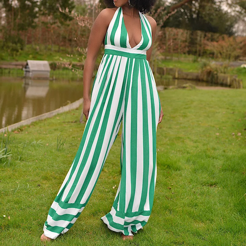 

Mandylandy Women Elegant Stripe Print Loose Jumpsuit Fashion Y2K Sleeveless V Neck High Waist Wide Leg Pants Romper Overalls