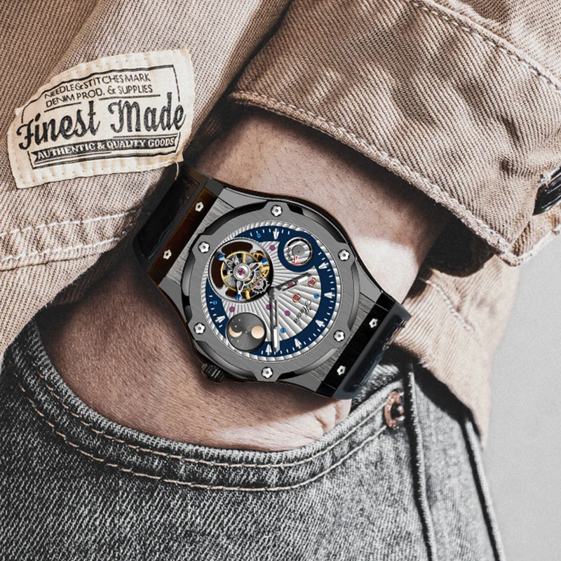 Фото Часы Haofa Flying Tourbillon для мужчин, механические наручные часы с сапфировым стеклом и индикатором дня и ночи, деловые повседневные часы 1915 №5