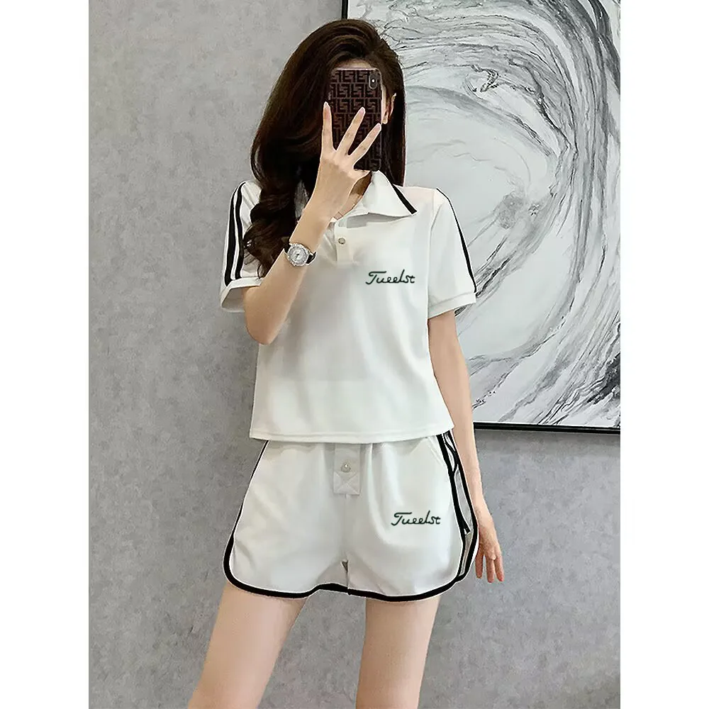 

2023 Summer Malbon GOLF Women's Printed Logo Running Set Loose Relaxed GOLF Short Sleeve Shorts Two Piece Sports Set