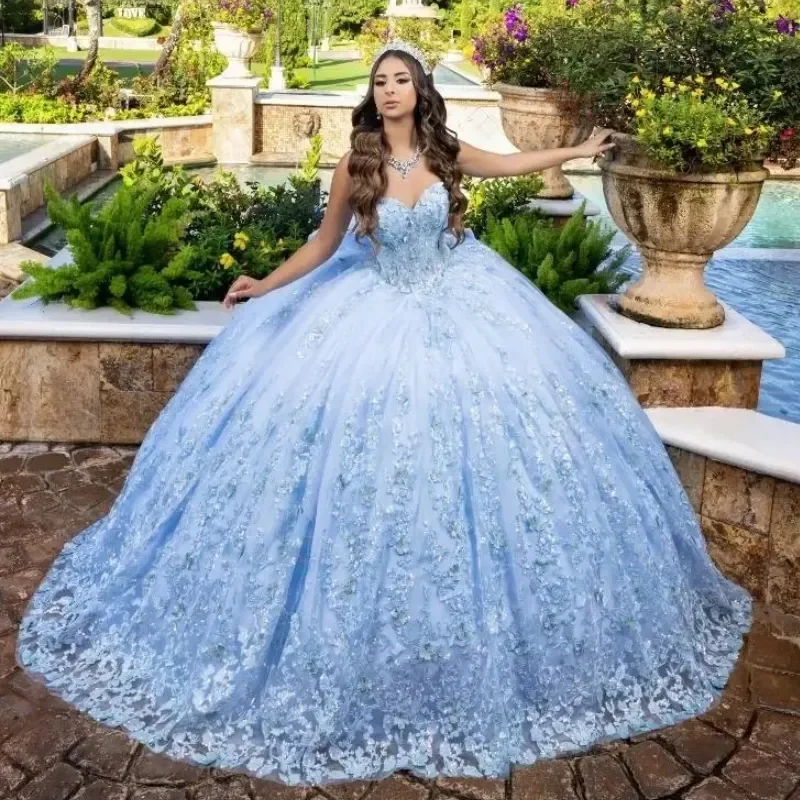 ANGELSBRIDEP Небесно-голубое мексиканское платье Quinceanera с блестками и кружевной