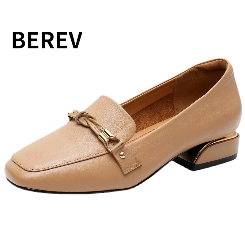 

Brand flat shoes new top layer cowhide leather single shoes middle heel ladies leather shoes large size women's shoes 43 loafers