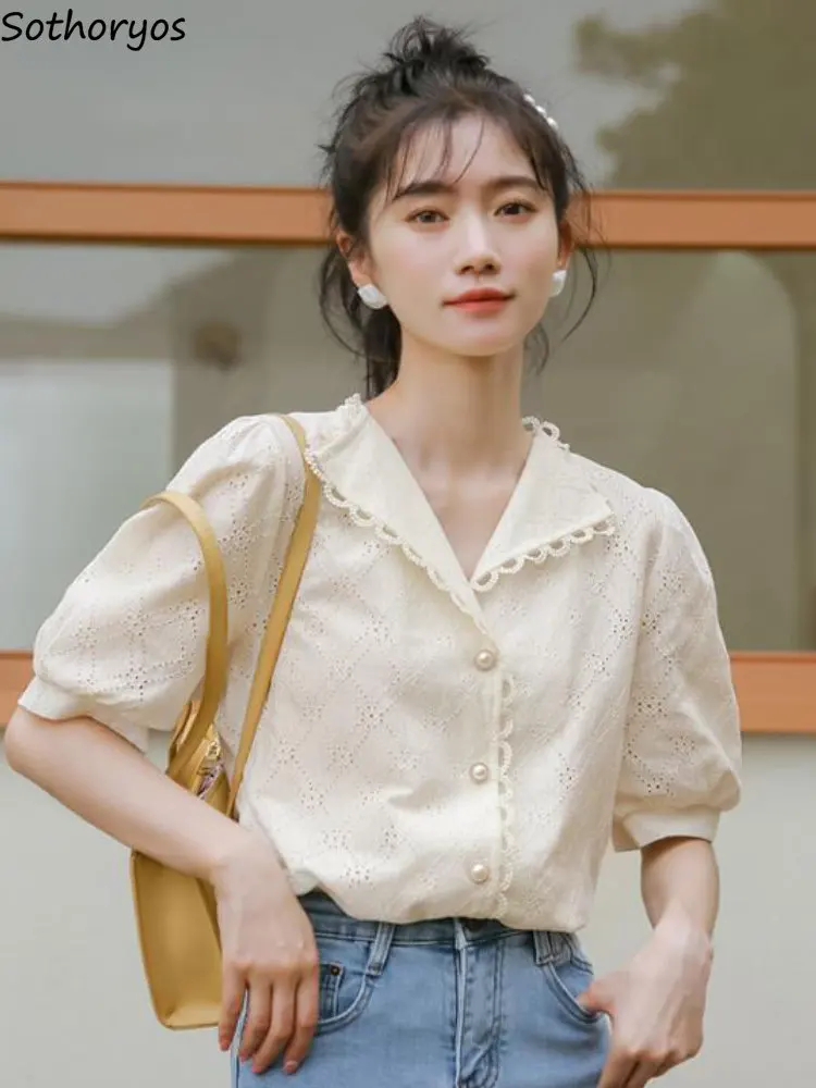 

Shirts Women Solid Simple Sweet Basics Designed Classics Retro Casual Ins Gentle Delicate Korean Style Ladies All-match Spring