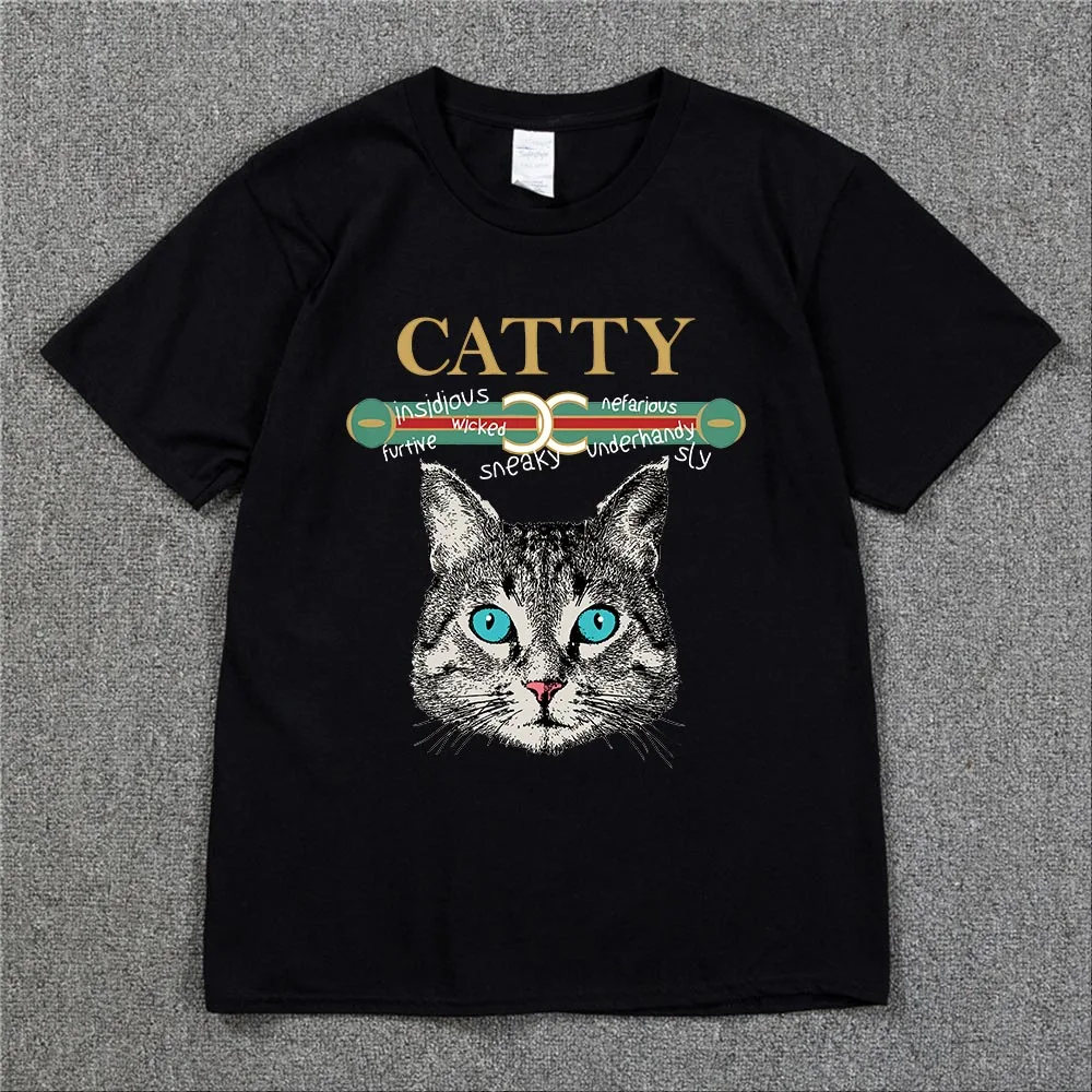 

Летняя женская футболка с принтом кошки и надписью, хлопковая Элегантная футболка, базовая брендовая мужская футболка, крутая одежда в стиле хип-хоп