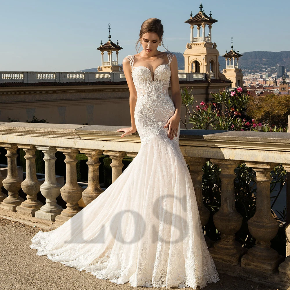 

Luxury Mermaid Wedding Dress Beading Exquisite Appliques O-Neck Sleeveless Sweetheart Glitter Vestido De Novia For Women