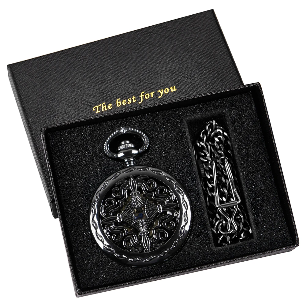 All Black Hunter Retro Mechanical Pocket Watch Collection Hand Wind Casual Fashion Men Women Fob Chain Watches