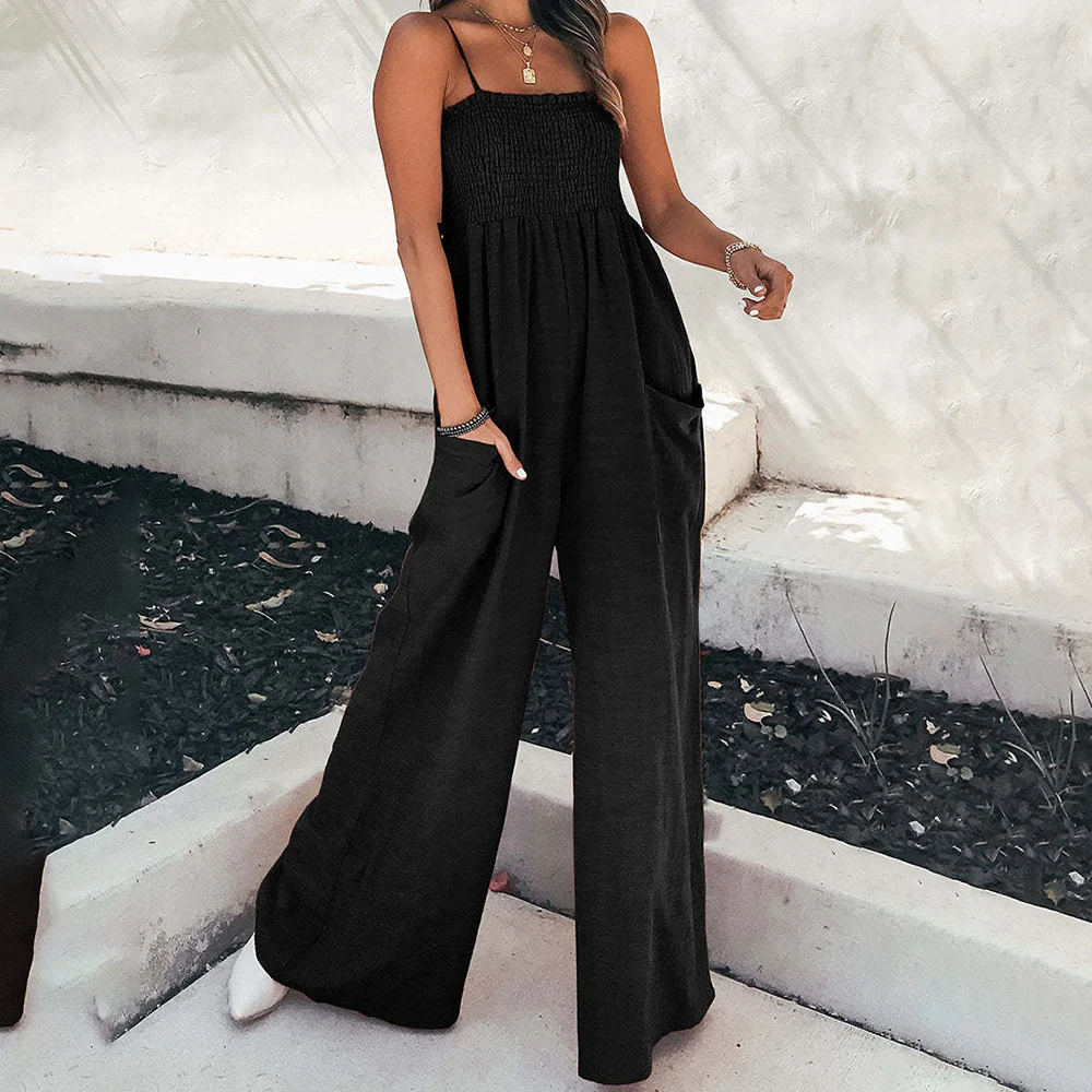 

Summer 2023 Jumpsuit Sexy Daily Thin Suspenders Commuting Elastic Waist Casual Jumpsuit Boho Beach Style Wide-leg Trousers S-XXL