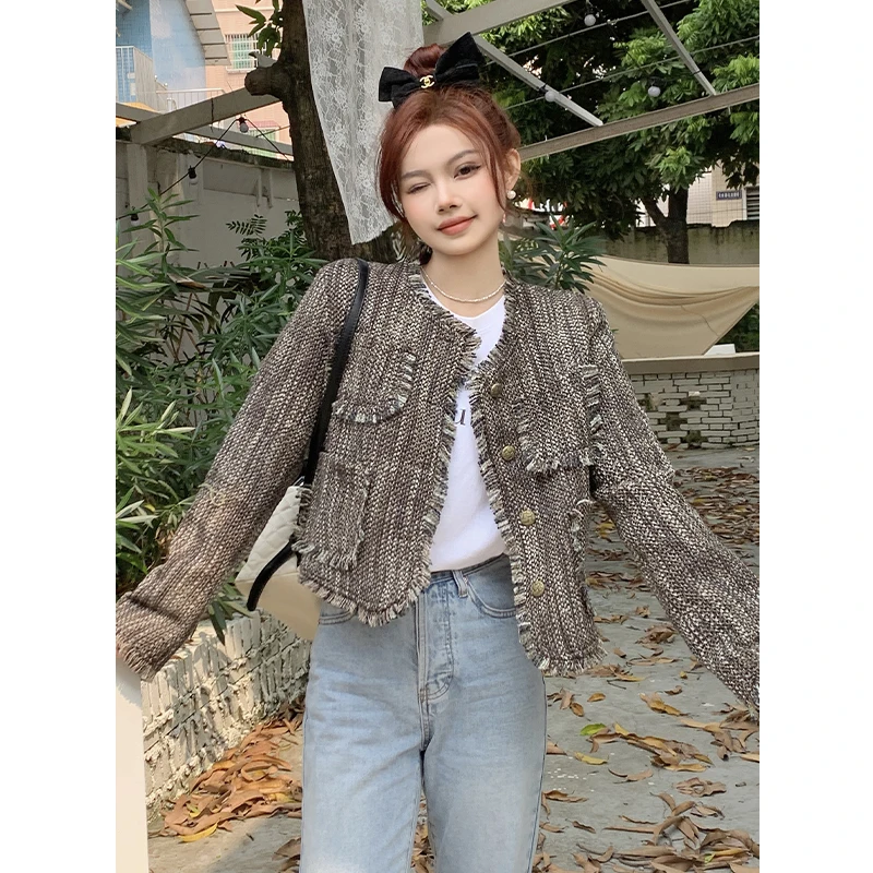 

Женское твидовое пальто, маленькое Тканое пальто во французском стиле с круглым вырезом и бахромой, Осень-зима 2022