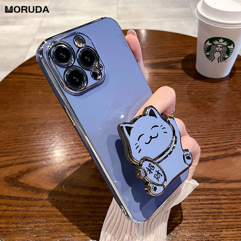 

Cartoon Fortune Cat Cute Case for iPhone 14 Plus 11 12 13 14 Pro Max X Xs Xr 7 8 Plus SE 2020 2023 Plating Stand Holder Cover