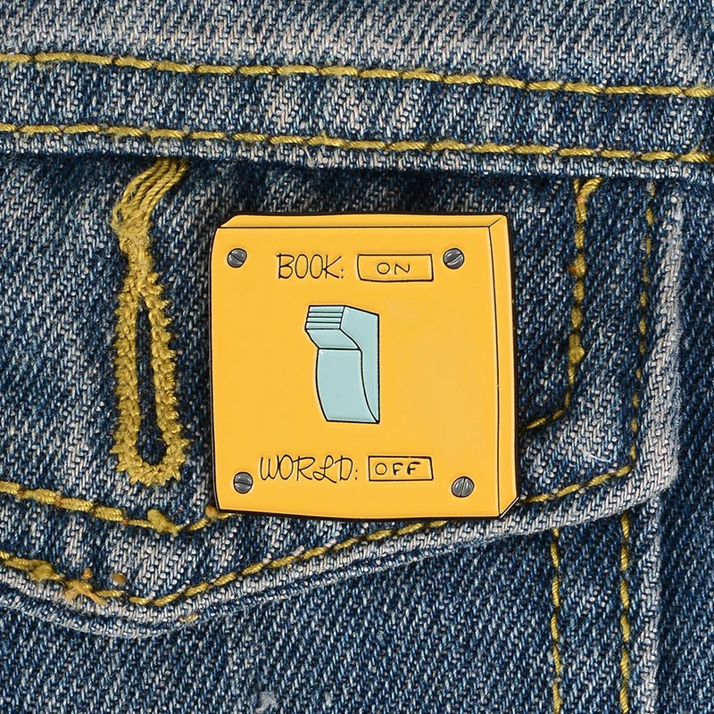 

Yellow Square Pin Book ON World OFF Enamel Pin Study Badge Denim Jeans Bags Jewelry Gift for Friends
