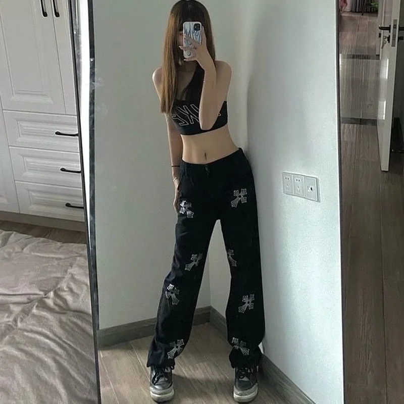 Женские черные брюки Goth Mall в стиле Харадзюку гранж эмо стразы джинсы-карго