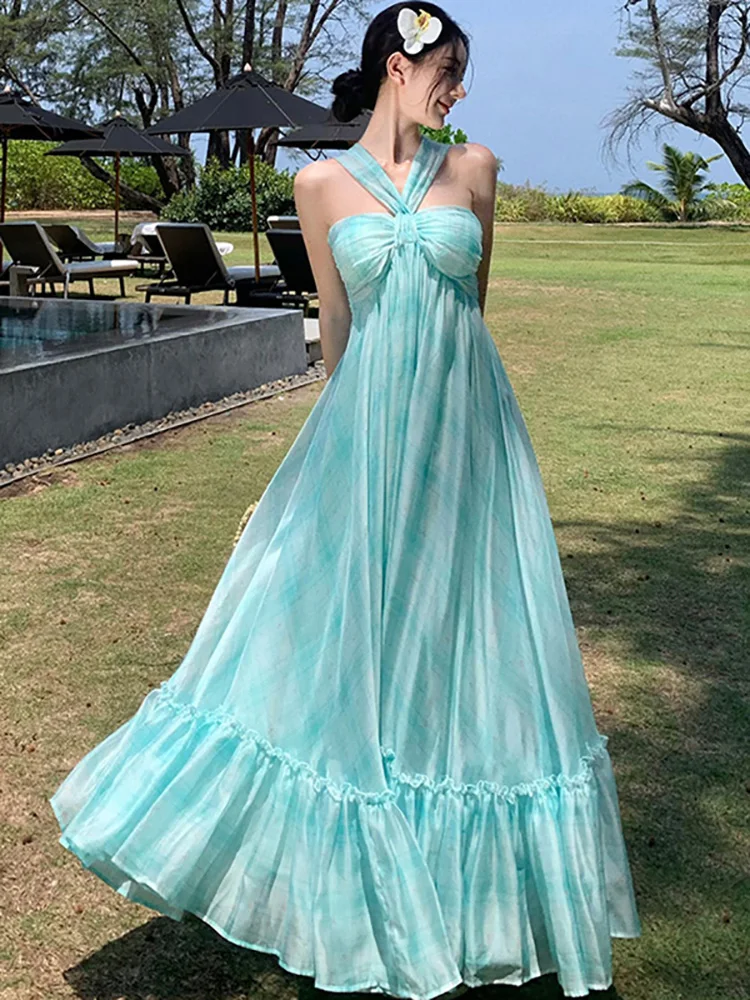 Новинка 2024 шикарное пикантное длинное платье в клетку на бретельках женское