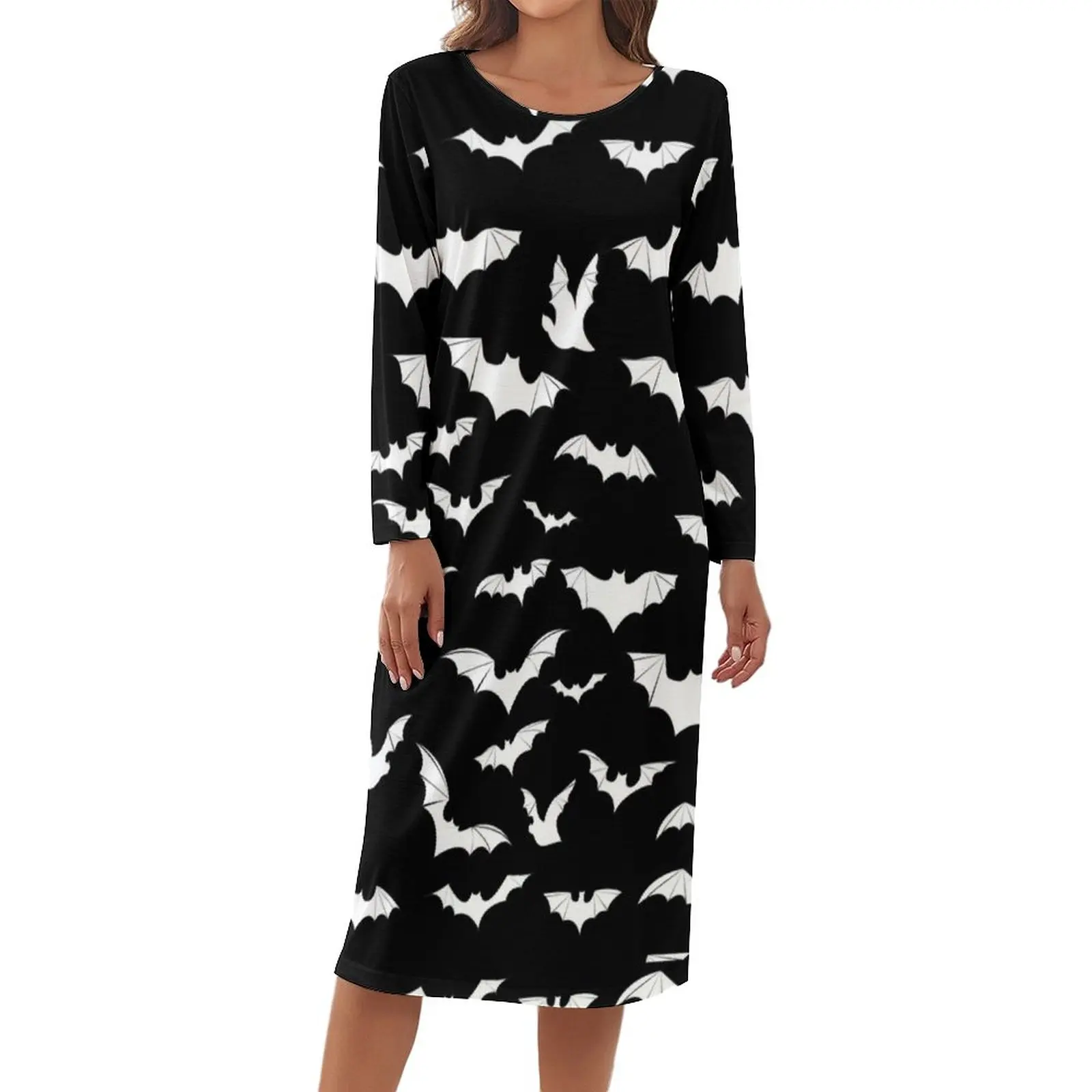 

White Bat Pajamas Flying Bats Art Casual Dresses Women Long-Sleeve Warm Nightgown Daily Pattern Pajama
