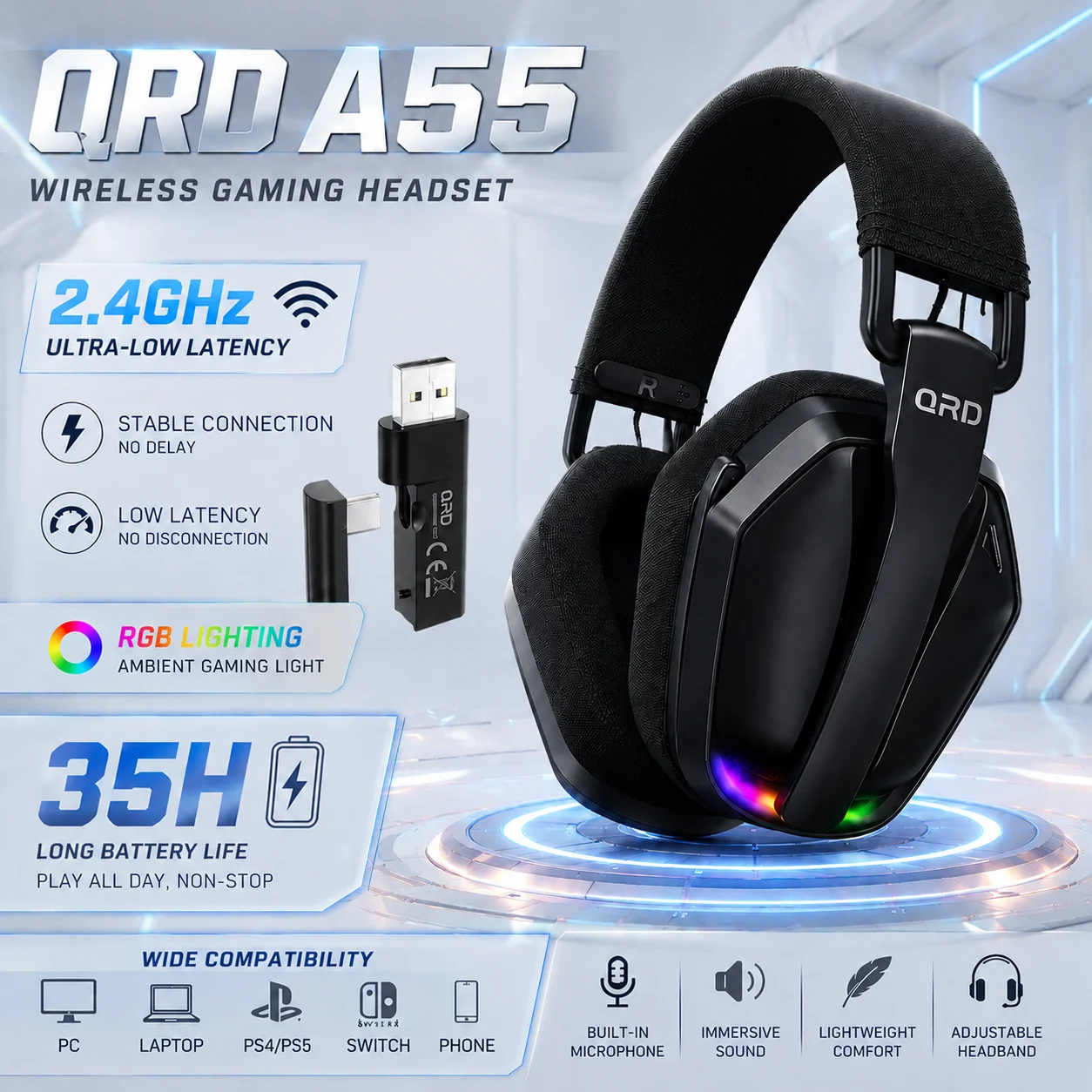 Фото Беспроводная игровая гарнитура QRD A55 2,4 ГГц с микрофоном для PS5, PS4, ПК, Mac, Playstation, Bluetooth-наушники для игр с микрофоном №1