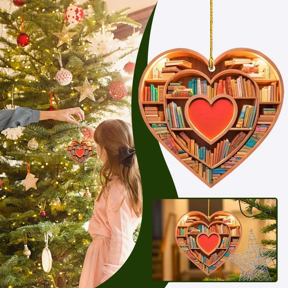 

Book Lovers Heart Shaped Bookshelf Christmas Pendant Door Christmas Hanging Ornament Drop Acrylic Tree Decoration Window Ca K9I2