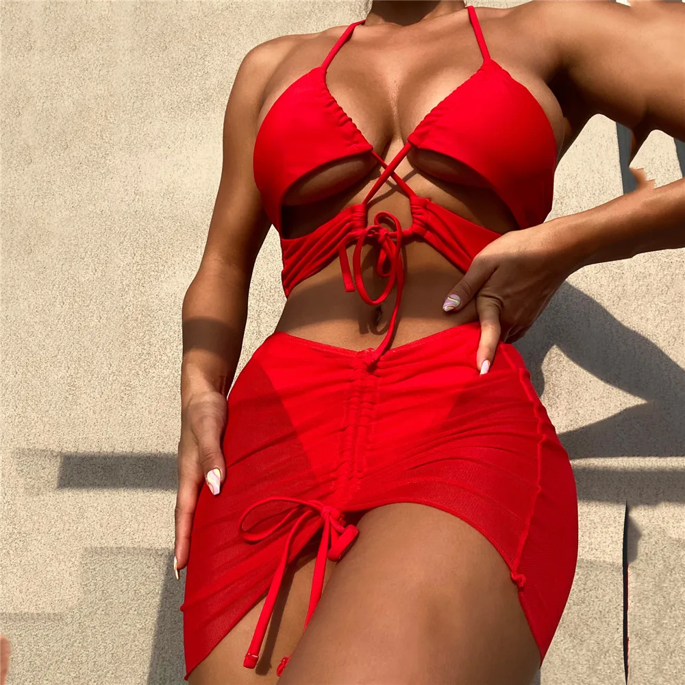 

Sexy Red Three Piece Bikinis Set Swimwear Women Halter Swimsuit with Mesh Drawstring Mini Skirts High Cut Bathing Suit Beachwear