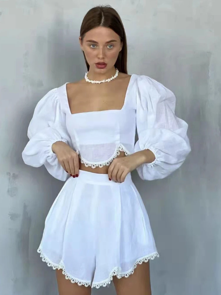Delocah High Quality Spring Women Fashion Runway Shorts Sets Lantern Sleeve Short Tops + High Waist White Printed Shorts Suits enlarge