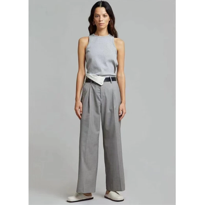 Fr@nkieShop Autumn and winter new style Trousers waist details hot sewing fold asymmetric wide leg Pants