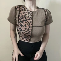 o neck short sleeve t shirts knitwear y2k leopard brown contrast crop tops patchwork tshirt harajuku women tee top 90s 2021 new