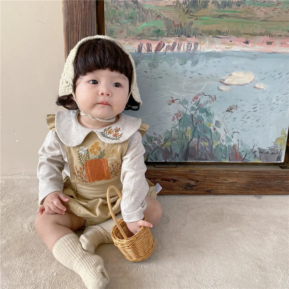 

Cute Baby Newborn Girls Outfits 2022 New Toddler Cotton Long Sleeve Shirt And Embroidery Romper Bodysuit 2pcs Set Infant Clothes