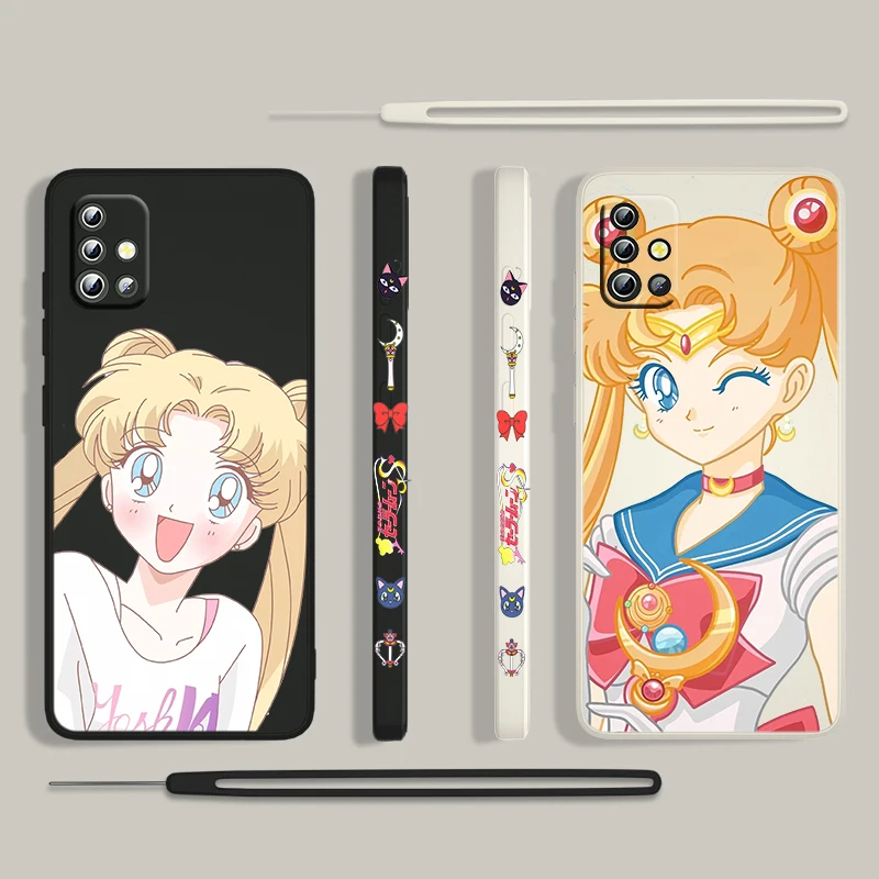 

Anime Sailor Moon Cute For Samsung Galaxy A73 A53 A33 A52 A32 A22 A71 A51 A21S A03S A50 4G 5G Liquid Left Rope Phone Case Cover