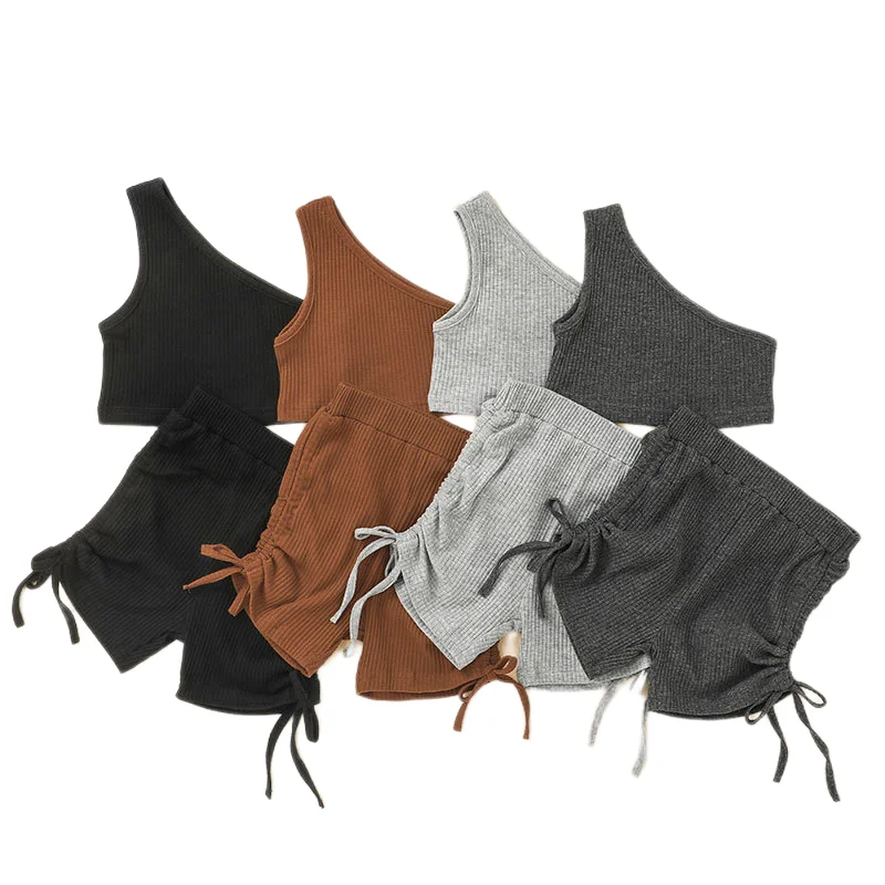 

2Pcs Tops+Shorts Cotton Girls Clothing Summer Tees Solid Color Kids Set Casual Active