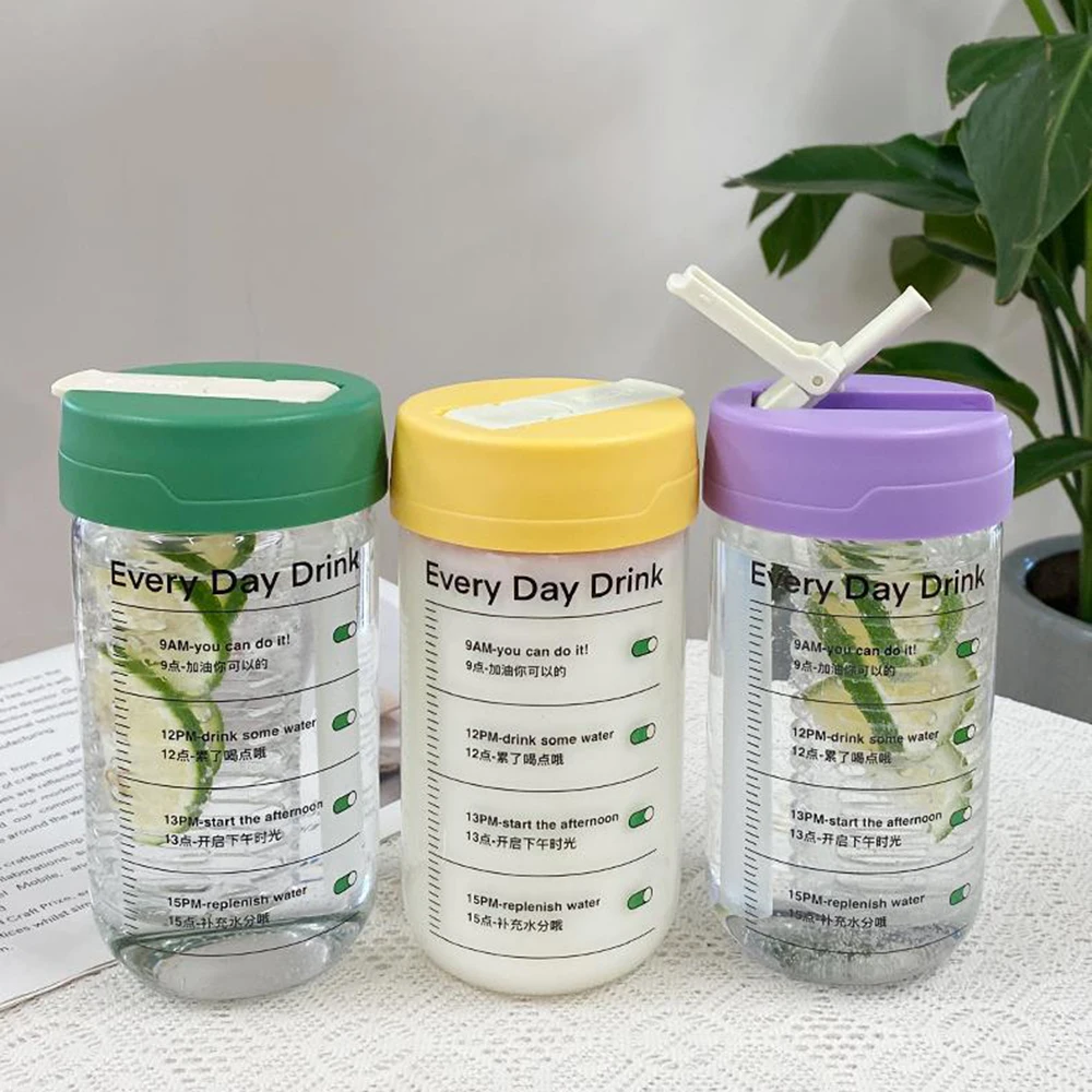 

550ml Glass Water Bottle with Time Marker Cover Milk Juice Sport Drinking Bottles with Tea Infuser Simple Cup Birthday Gifts
